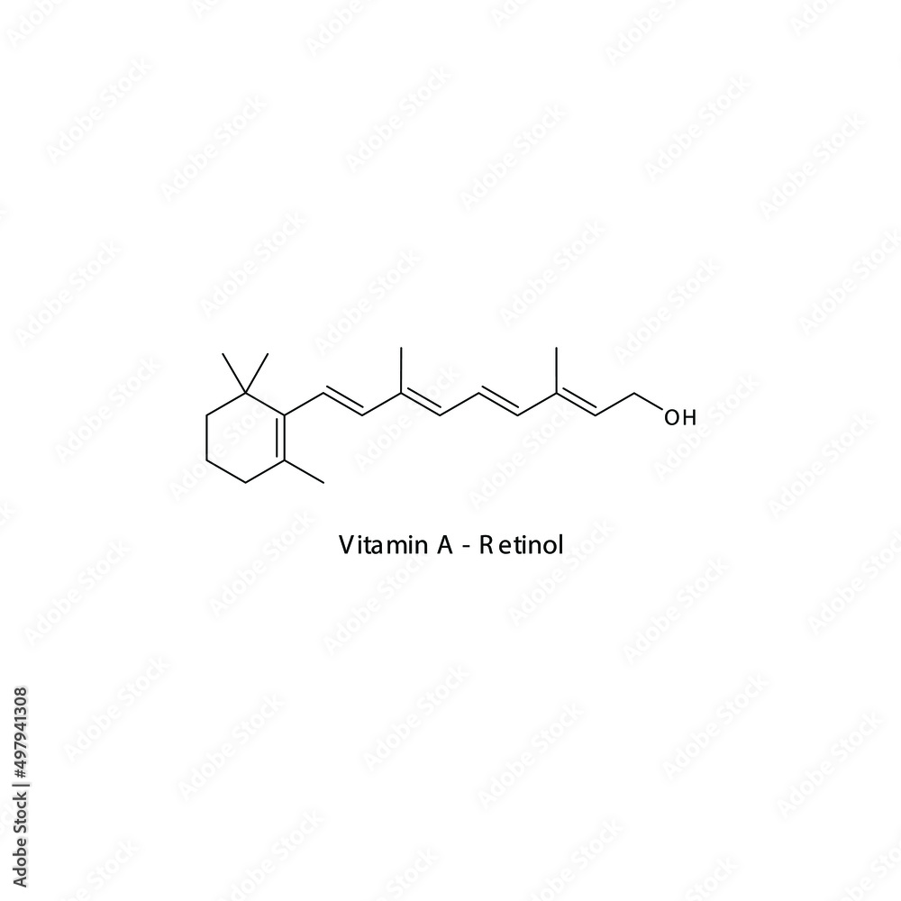Obraz premium Retinol Skeletal structure and molecular formula. Organic biomolecule, isolated vector illustration