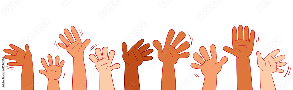 Childrens hands of different nationality. Concept diversity and inclusion. Group of multi ethnic friends. Cartoon characters. Funny vector illustration. Isolated on white background Childrens hands of different nationality. Concept diversity and inclusion. Group of multi ethnic friends. Cartoon characters. Funny vector illustration. Isolated on white background