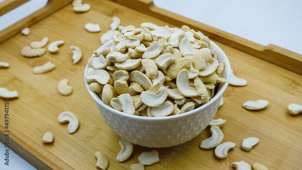 Cashew nuts. Plain Kaju of different types. Cashews are rich in fiber