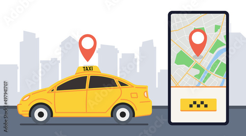 Banner for Taxi service. Yellow taxi on city background. Application on smartphone screen. Vector.