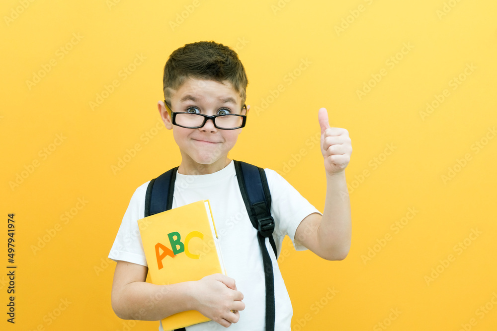eureka, handsome little boy in glasses is surprised, inspired, i have an idea, raise your index finger up, copy space, isolated on yellow background.