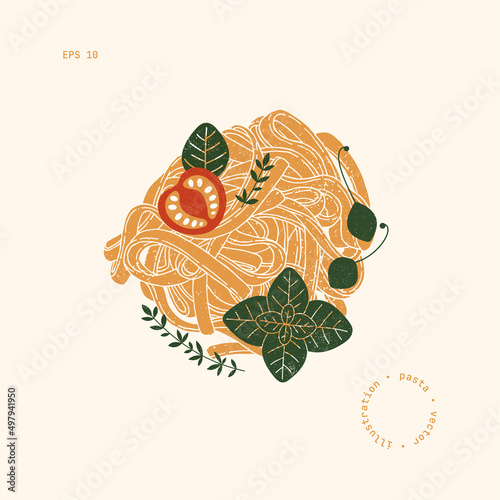 Spaghetti pasta illustration. Tagliatelle pasta with tomato and basil. Italian food. Vector illustration