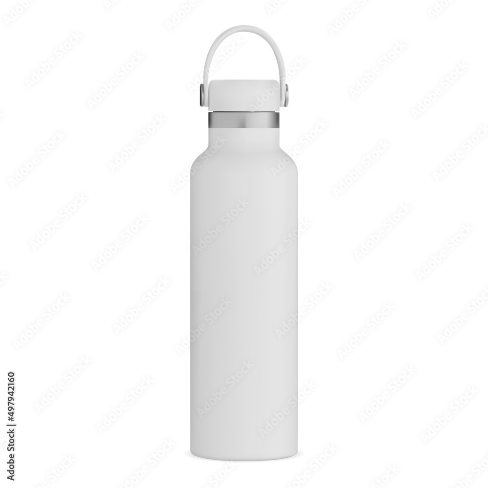 Thermo bottle. Metal water thermo flask mockup. Stainless steel travel