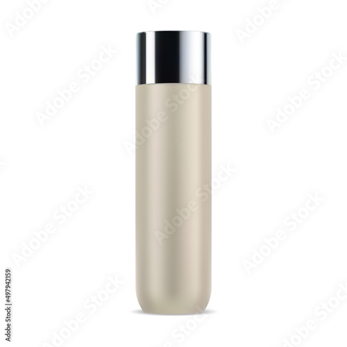Tall shampoo bottle mockup. Isolated cosmetic container blank. Cylinder beauty package for liquid bath lotion or gel illustration. Opaque golden tubular packaging, soft bathroom care product