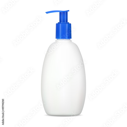 Pump shampoo bottle mockup, white container. Liquid soap dispenser package. Realistic template of plastic bottle for for hair moisturizer. Shower gel dispenser valve jar, face wash product