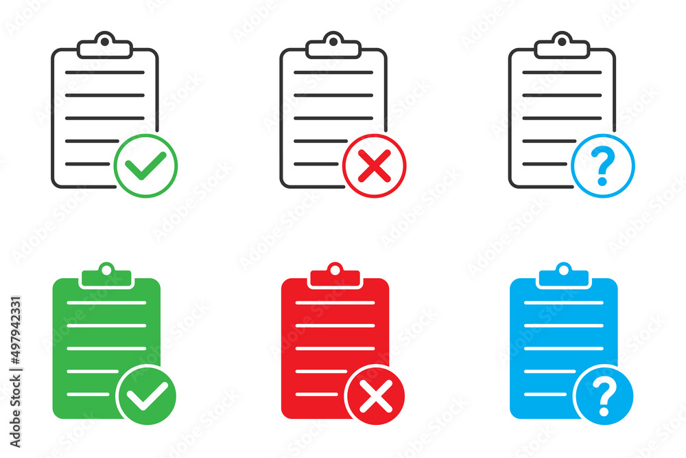Document icon set with question mark, checkmark, and cross sign symbol. Paper icon. Vector illustration. Document icon set with question mark, checkmark, and cross sign symbol. Paper icon. Vector illustration.