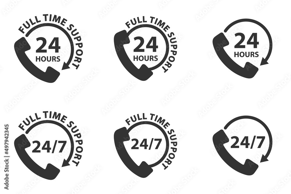 Telephone 24 hours support icon. Set of all-day customer support call-center icons. Full time call services. Vector illustration.