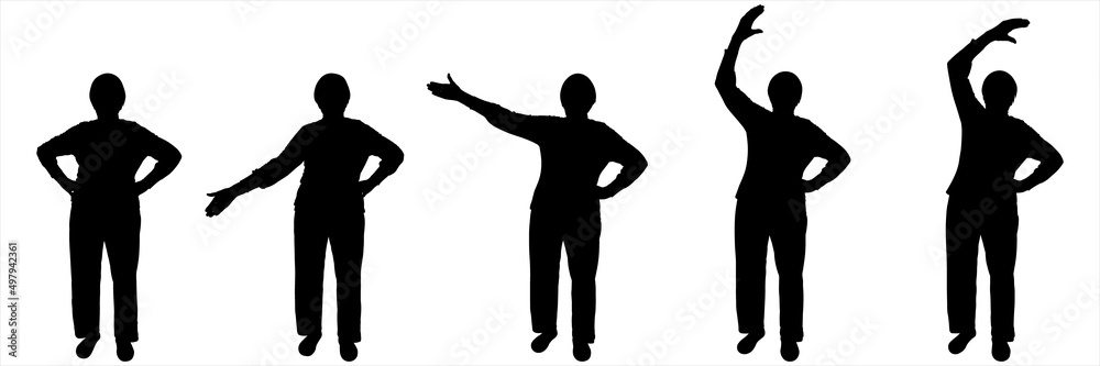 Hand charger. The woman keeps her hands on her belt, slowly raises one hand up, the other remains on her belt. Sport. Charging for an older person. Front view. Black silhouettes isolated on white.