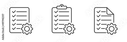 Technical check list. Clipboard add gear icon set. Technical support check list with cog. Management business concept. Vector illustration.