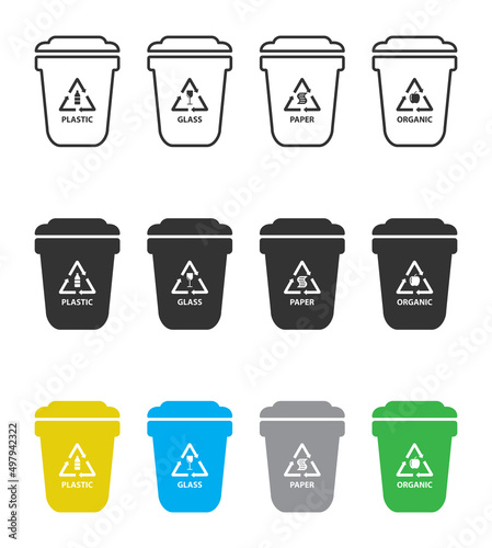 Garbage different types icons. Waste separation. Separate Eco-friendly waste bins. Different colors and recycling sign, glass, paper, organic, plastic icon. Vector illustration.