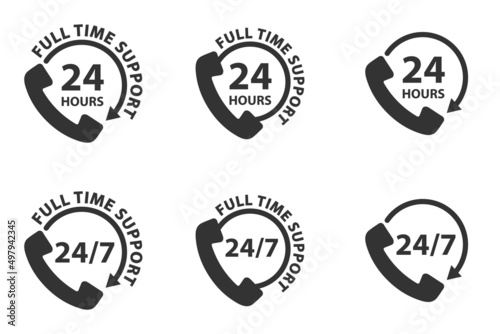 Telephone 24 hours support icon. Set of all-day customer support call-center icons. Full time call services. Vector illustration.