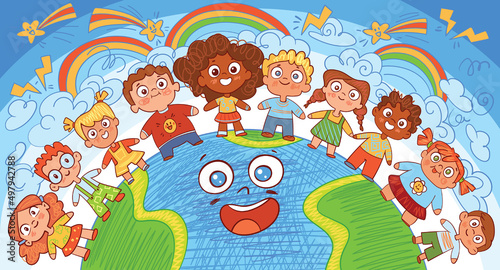 Happy Earth Day. Save the planet. Children holding hands stand around the planet earth. Colorful cartoon characters. Funny vector illustration. Template for design