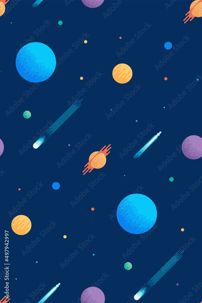 Seamless space pattern with planets and asteroid. Suitable for fabric and wrapping paper design. V Flat vector illustration