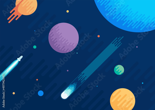 Cartoon space background with planets and asteroid. Suitable for posters, presentation slides, covers etc. Flat vector illustration EPS10