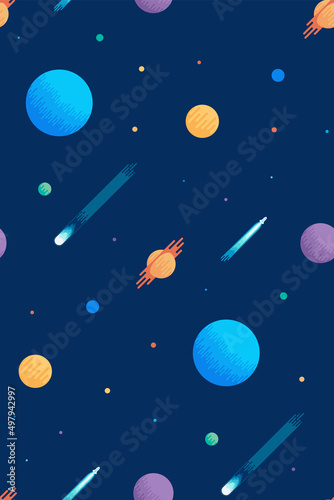 Seamless space pattern with planets and asteroid. Suitable for fabric and wrapping paper design. V Flat vector illustration