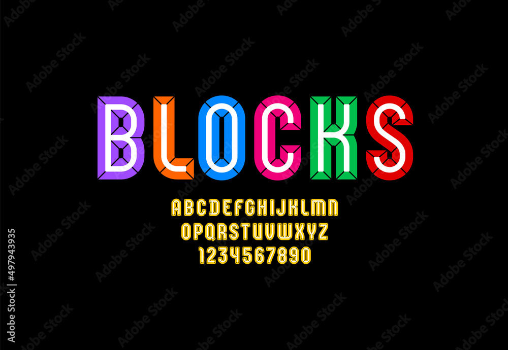 Obraz premium Alphabet from chiseled block, facet font, beveled letters A-Z and numerals 0-9