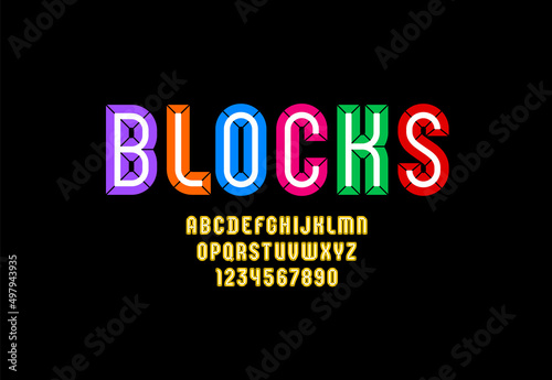 Alphabet from chiseled block, facet font, beveled letters A-Z and numerals 0-9