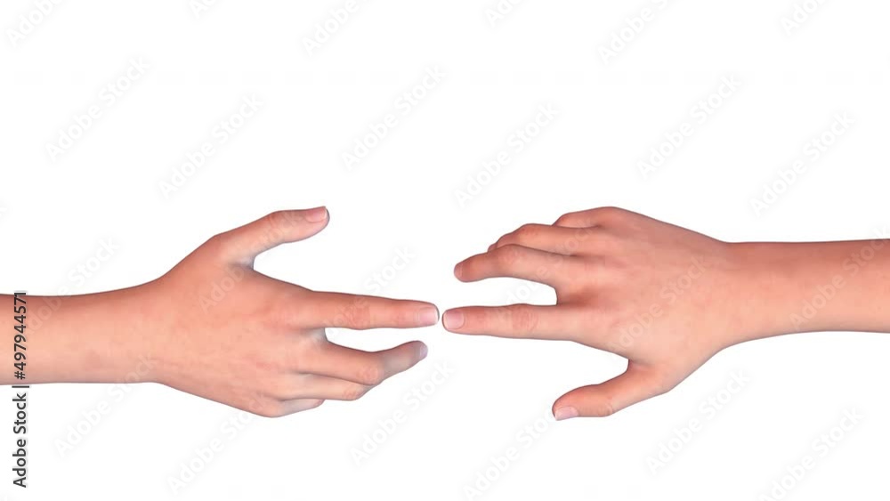 Two human hands reaching out to each other isolated on white background. Concept of people social connection and psychology relations. Realistic 3d digital animation. Two human hands reaching out to each other isolated on white background. Concept of people social connection and psychology relations. Realistic 3d digital animation.