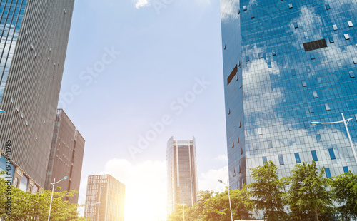 Modern office buildings under blue sky