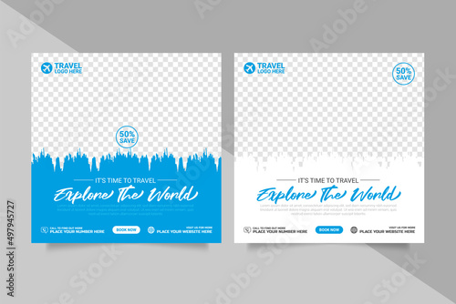 travel sale social media post template. Web banners design, flyer or posters for travelling agency promotion