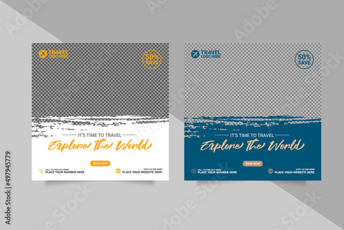 travel sale social media post template. Web banners design, flyer or posters for travelling agency promotion