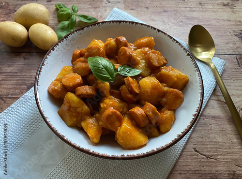 Hungarian pepper potatoes with sausage, also known as paprikás krumpli. photo