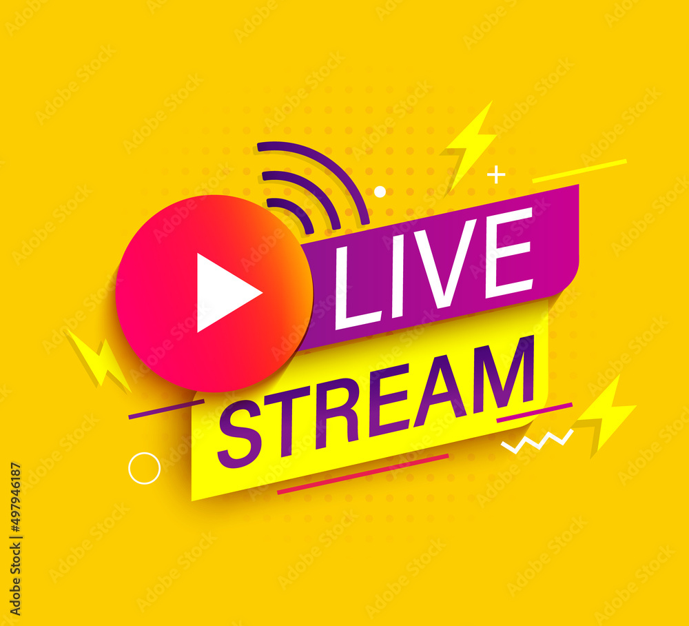 Live stream symbol,banner with play button and wifi.Emblem for broadcasting, online tv, sport, news and radio streaming.Template for shows, movies and live performances.Vector illustration