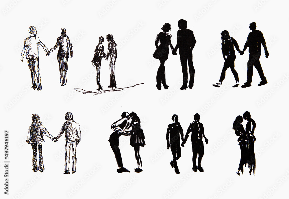 Set of people, couples, lovers. Black and white, white background.