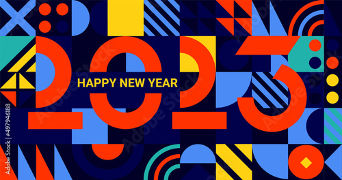 Banner for 2023 New Year.Greeting poster with numbers on geometric minimalistic background with simple geometry shapes.Template for flyer,web, cover,calendar,web,presentation,print.Vector illustration