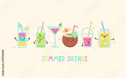 Funny summer drinks characters.Kawaii smiling lemonade and soda,coconut,smoothie,juice,shake,detox in glass,plastic takeaway cup,bottle.Hand drawn cute vector for web,design,print, isolated on white.