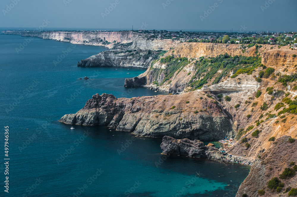 The coast at the cape Fiolent. Top view on sea and rocks. Crimea