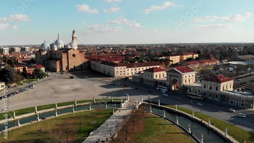 Aerial view of Padua in northern Italy. Drone view of Prato della Valle. Aerial view of the Basilica of Santa Justina in Padua. Catholic church in the city of Padua. Bridge over the canal  photo
