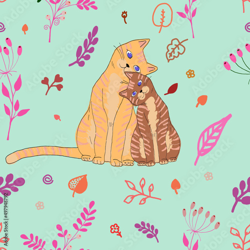 Two cats in love among different plants. Vector seamless pattern.
