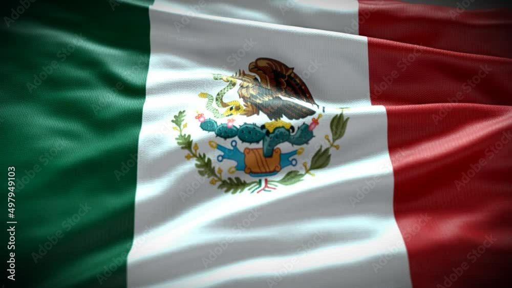 Acercamiento de bandera de Mexico flameando. Hecho en 3D. Motion graphics