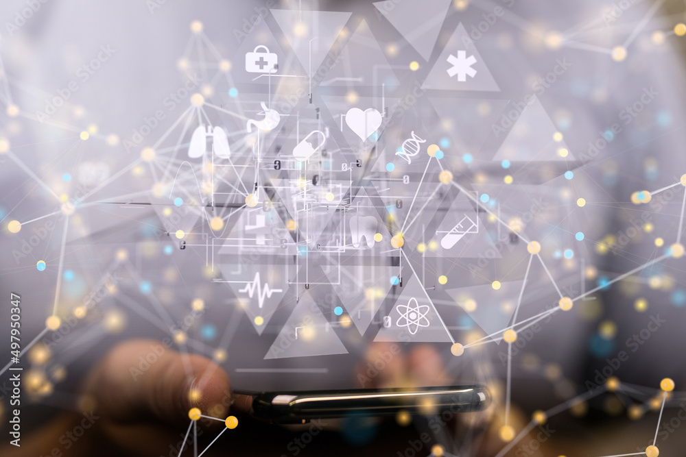 medical on hospital background, medical technology network concept