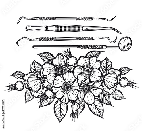 Vector illustration. Dental instruments, bouquet of rose hips, print on t-shirt, line art style, tattoo, Handmade