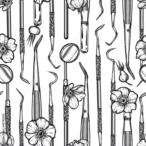 Vector illustration. Dental instruments, rose hips, print on t-shirt, line art style, light  background, seamless pattern, Handmade