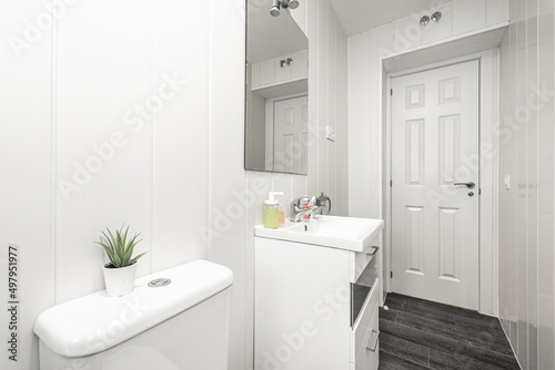 Bathroom with white resin sink  white wood furniture and white wood carpentry