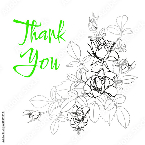 Monochrome branch with roses and leaves and words of thanks on a white background