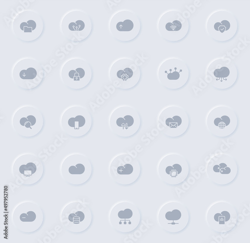 cloud computing gray vector icons on round rubber buttons. cloud computing icon set for web, mobile apps, ui design and promo business polygraphy