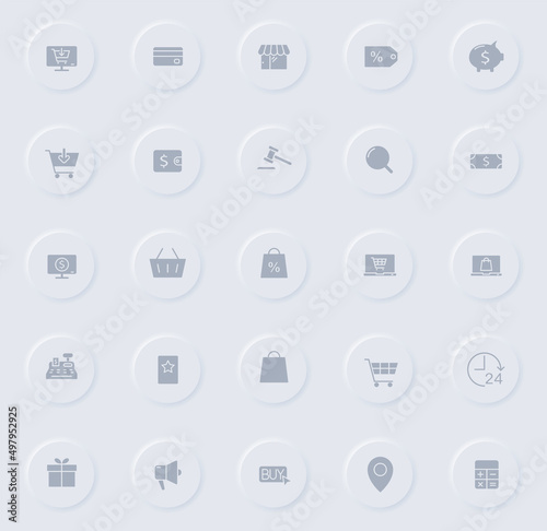 e commerce gray vector icons on round rubber buttons. e commerce icon set for web, mobile apps, ui design and promo business polygraphy