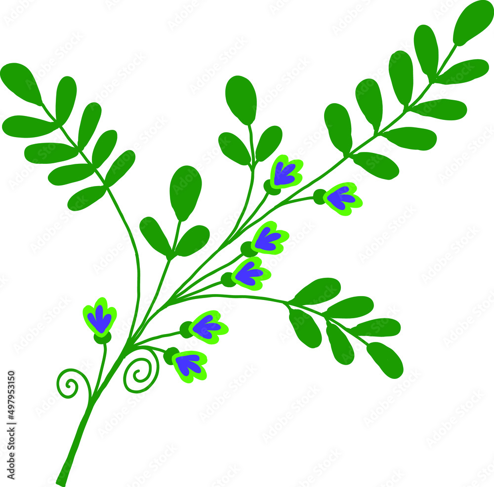 A twig with green leaves and small flowers. A vector file is useful for creating your designs. A twig with green leaves and small flowers. A vector file is useful for creating your designs.