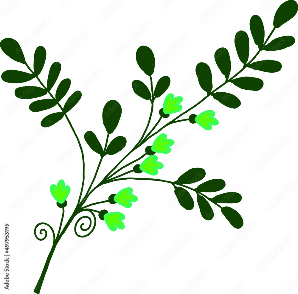 A twig with green leaves and small flowers. A vector file is useful for creating your designs. A twig with green leaves and small flowers. A vector file is useful for creating your designs.