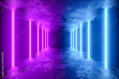3D illustration. Futuristic concrete corridor with blue and purple neon lights on the side.