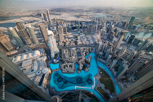 Fototapet Cityscape of Dubai, View on Downtown from At the top of Burj Khalifa