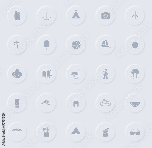 summer gray vector icons on round rubber buttons. summer icon set for web, mobile apps, ui design and promo business polygraphy