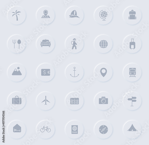 travel gray vector icons on round rubber buttons. travel icon set for web, mobile apps, ui design and promo business polygraphy