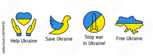 stop war in Ukraine blue and yellow outline filled icons with letterings. i stand with Ukraine. peace for Ukraine. pray for Ukraine