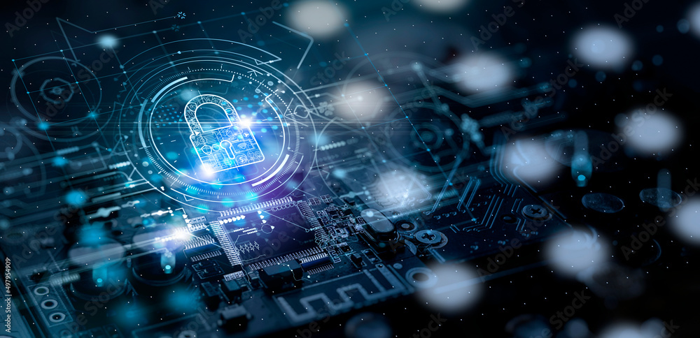 Cyber security.Digital padlock icon,Cyber security technology network and data protection technology on virtual dashboard.Online internet authorized access against cyber attack