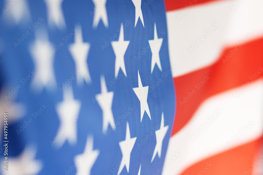 Fototapeta premium usa flag waving, american independence day, background of memorial day, Fourth of July, close up patriotic symbol of united states pride, backdrop with stripes and stars, labor day